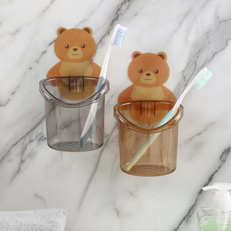 Wall-Mounted Bear Toothbrush Holder – Punch-Free Bathroom Organizer Cup for Toiletries &amp; Essentials
