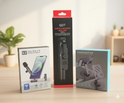 Smart Vlogger's Combo: K8 Wireless Microphone, Q07 Bluetooth Selfie Stick &amp; 360° Rotating Phone Stand